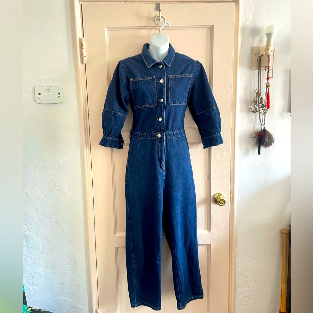 NA-KD dark wash denim cropped jumpsuit with puffed sleeves Size 38